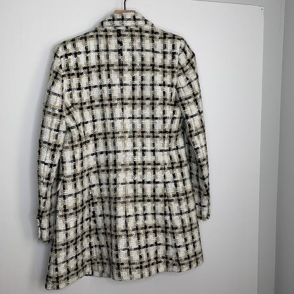 Zara Women Taupe Brown Lapel Collar Longline Textured Plaid Blazer Medium - Picture 3 of 16